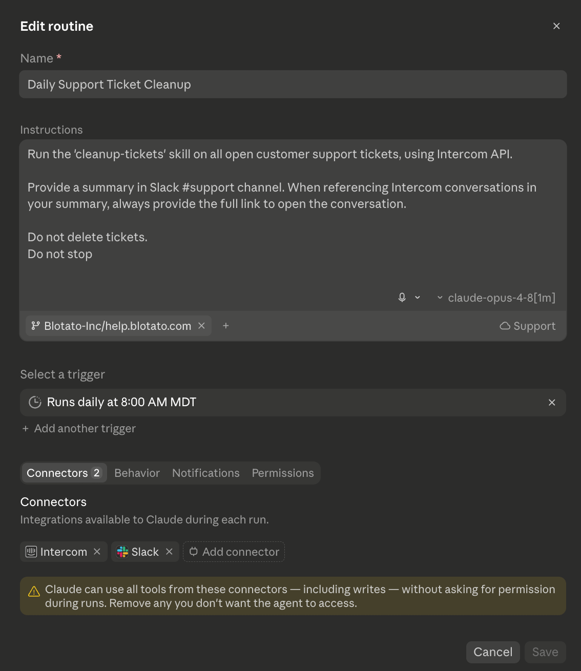 Routine Claude Code traiter puis contrôler des tickets de support